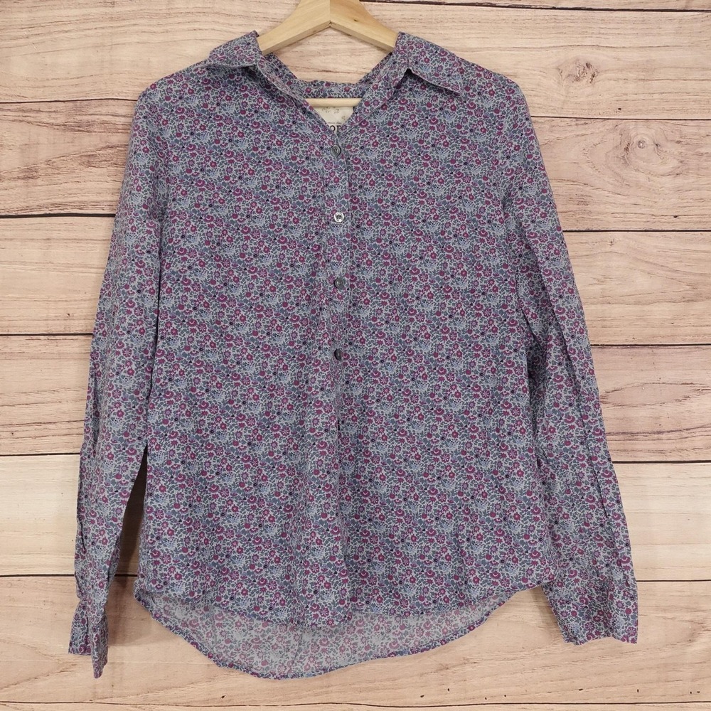 IZOD Button-Up Womens L Blue Floral Collared Long Sleeve Cotton Shirt Top Casual